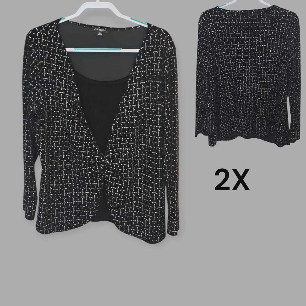 Notations Velvet Silver Glitters Accents 2 Piece Faux Blouse Womens Plus 2X